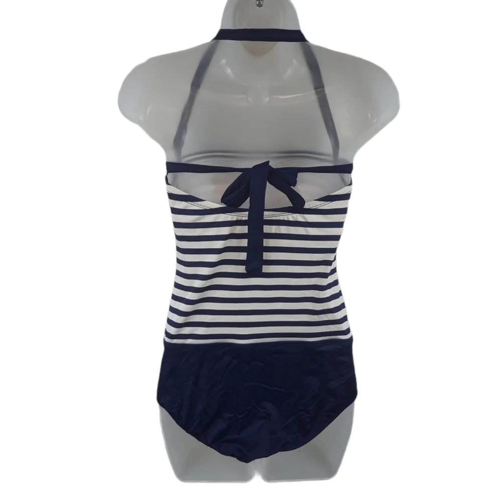 Beach House Stripe Halter Swimsuit w/Faux Buckle 8